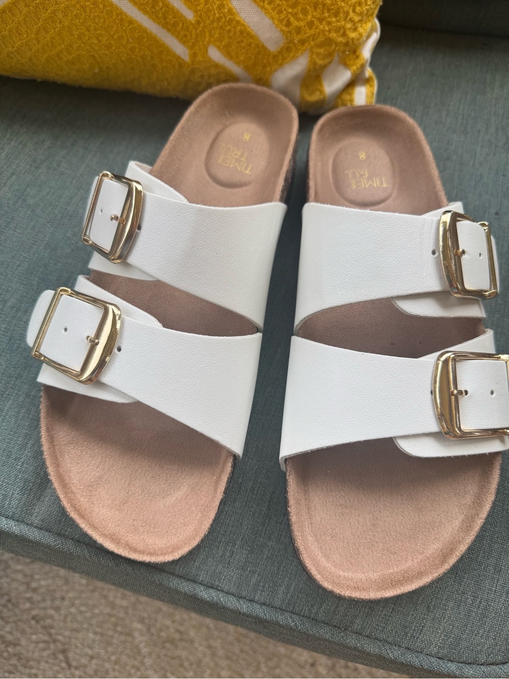 Time and Tru White Double-Buckle Slide Sandals with Gold Buckles